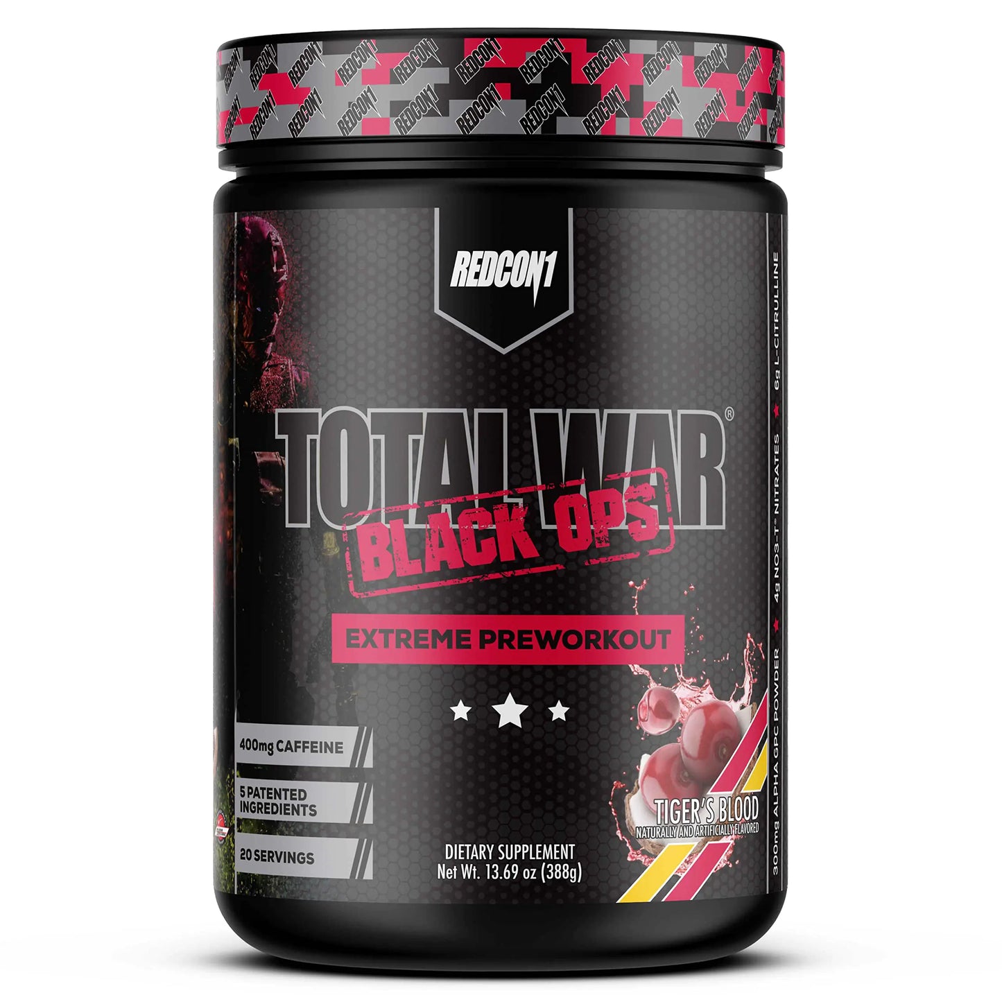 REDCON1 X PRISM Total War Black Ops Extreme Preworkout Tigers Blood High Stimulant 400 mg Caffeine NO3-T Nitrates + L-Citrulline Increase Blood Flow Muscle Pumps (20 Servings)