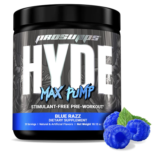 PROSUPPS Hyde X PRISM Max Pump Pre Workout for Men and Women - Nitric Oxide Supplement for Pump and Endurance - Stimulant Free Pre Workout to Promote Blood Flow and Muscle Strength (Blue Razz 20 Servings)